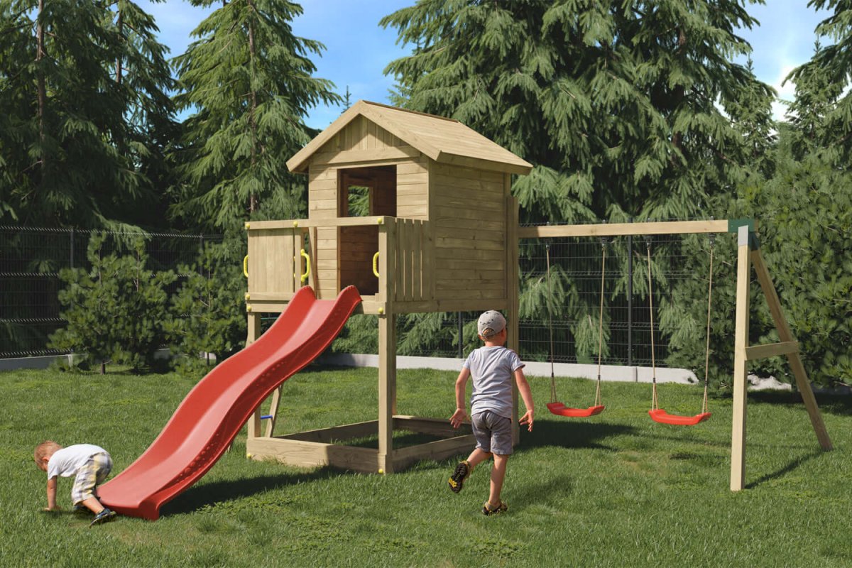 Parque Infantil Galaxy S con columpio, casa de madera y tobogán - Image 9