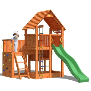 Parque infantil Big Leader color Teca con rocódromo, cuerdas y tobogán