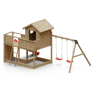 Parque Infantil Galaxy L con columpio, casa de madera y tobogán