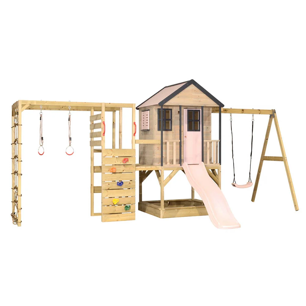 Parque Infantil de Madera Adventure Cottage con Tobogán, Columpio y Gimnasio - Image 4