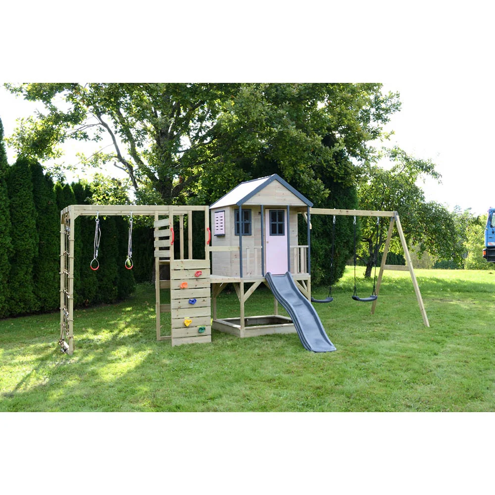 Parque Infantil de Madera Adventure Cottage con Tobogán, Doble Columpio y Gimnasio - Image 6