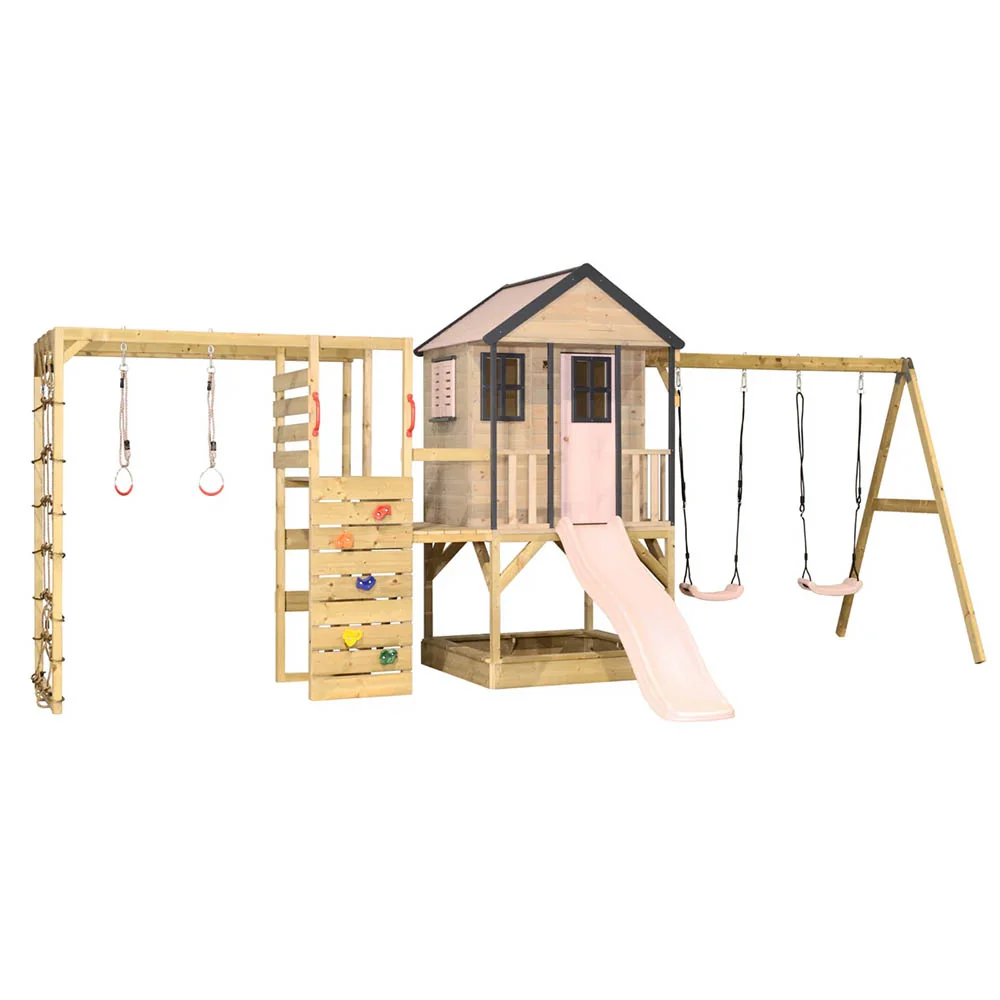 Parque Infantil de Madera Adventure Cottage con Tobogán, Doble Columpio y Gimnasio - Image 4
