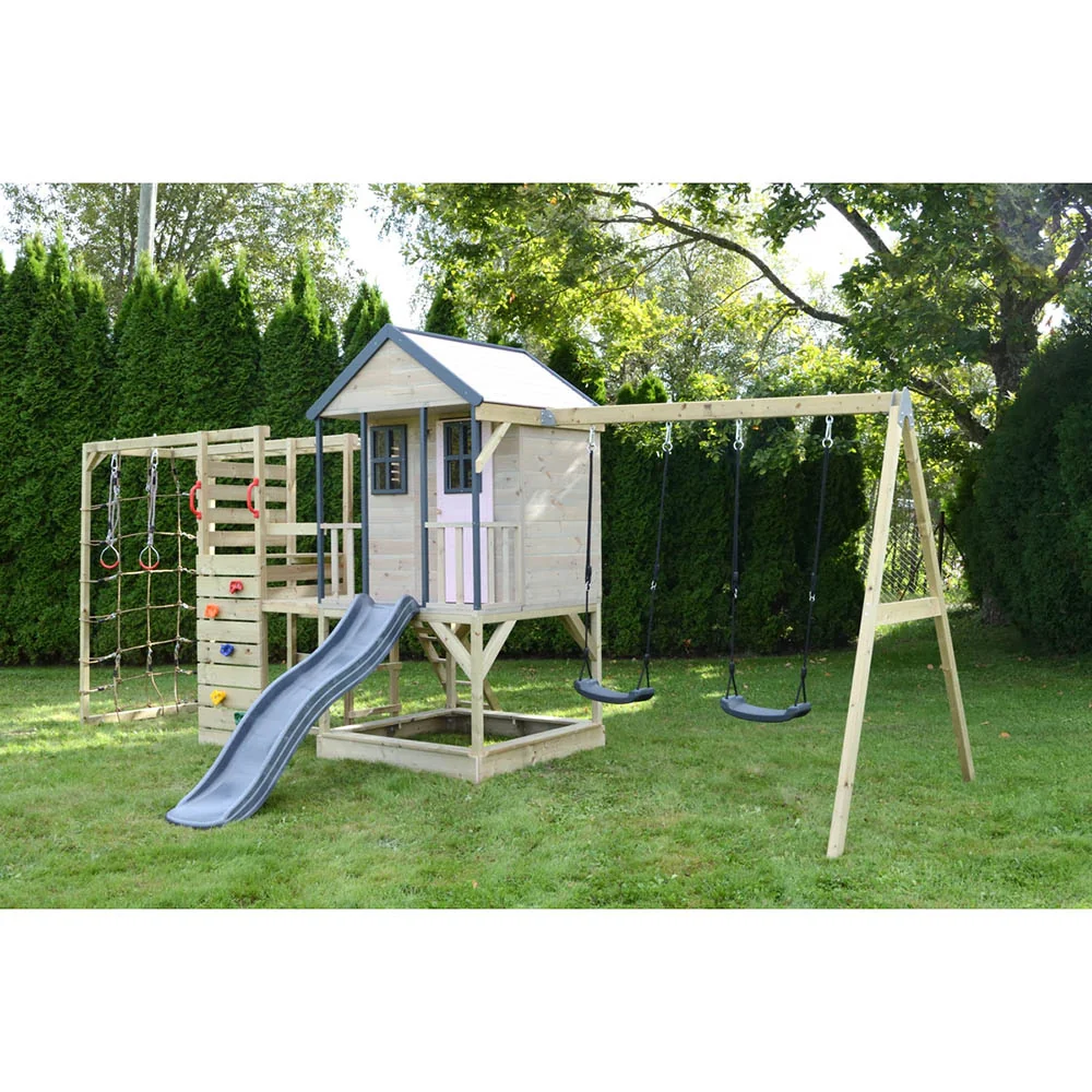Parque Infantil de Madera Adventure Cottage con Tobogán, Doble Columpio y Gimnasio - Image 8