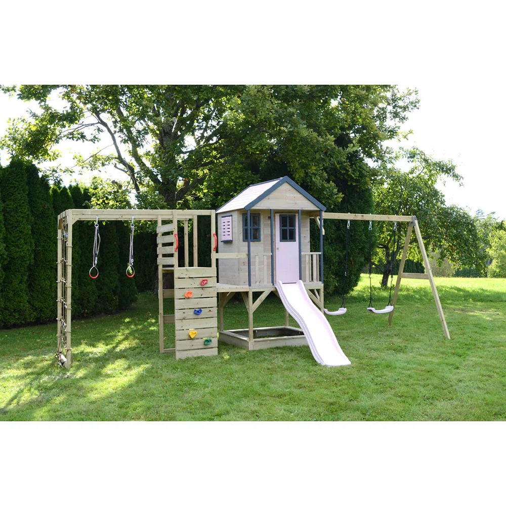 Parque Infantil de Madera Adventure Cottage con Tobogán, Doble Columpio y Gimnasio - Image 7