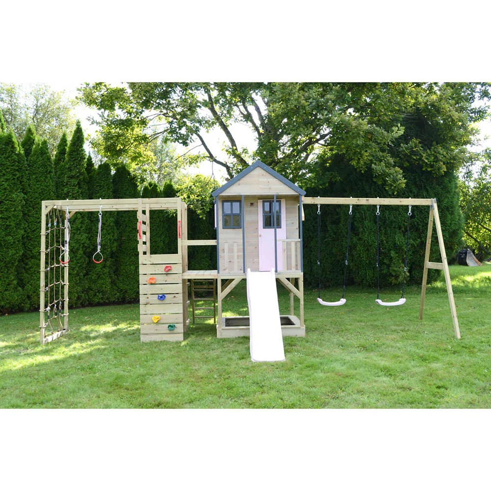Parque Infantil de Madera Adventure Cottage con Tobogán, Doble Columpio y Gimnasio - Image 9
